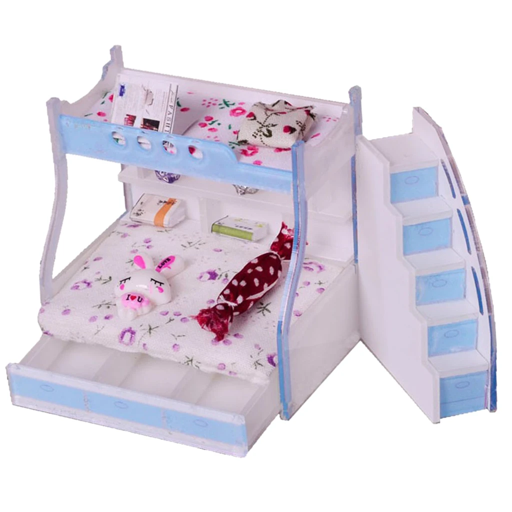 1/12 Miniature Children Bunk Bed Double Bunk Dollhouse Bedroom Furniture Kids Pretend Play Toy #3 Dolls House Accessories