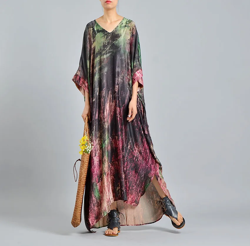Brand Floral Print Kaftan Dress Fashion V Neck Maxi Dress Soft Silk