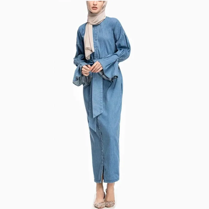 Элегантная Муслима джинсовая ткань модная абайя Турецкая полная длина джилбаб Дубай женский расклешенный рукав исламское платье wq1332 Прямая поставка