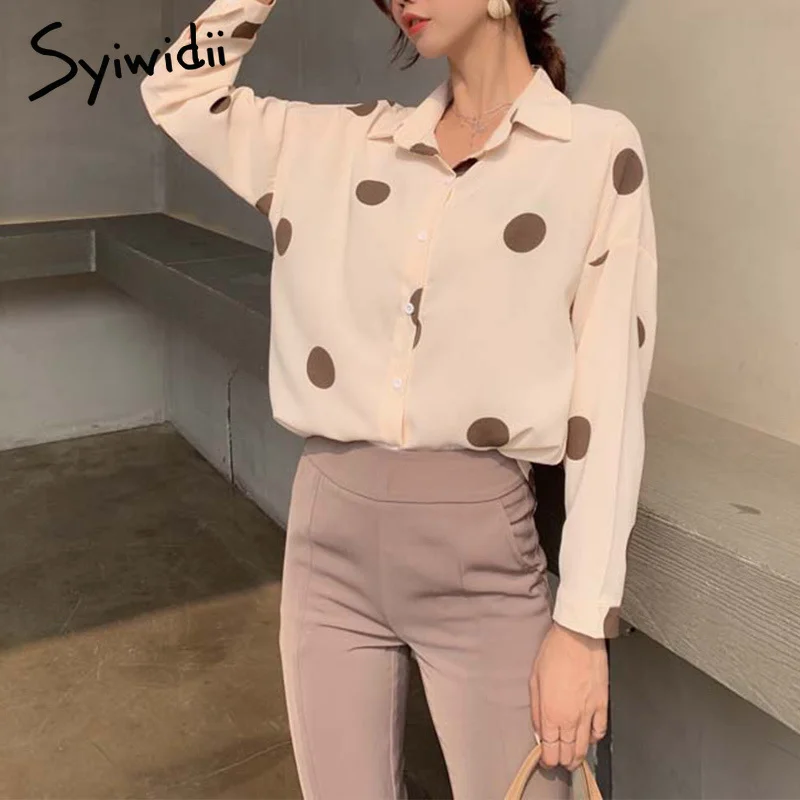 

Chic Office Ladies Blouses Women Long Sleeve Femme Shirts 2019 Chiffon Polka Dot Beige Turn Down Collar Womens Tops and Blouses