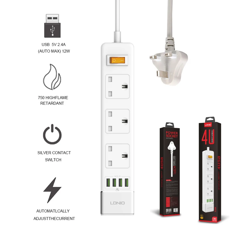 

UK Plug Power Strip with 4 USB Port 2500W 10A 2m Extension Cable Fast USB Charging 3 AC Outlets Wall Multiple Socket Station