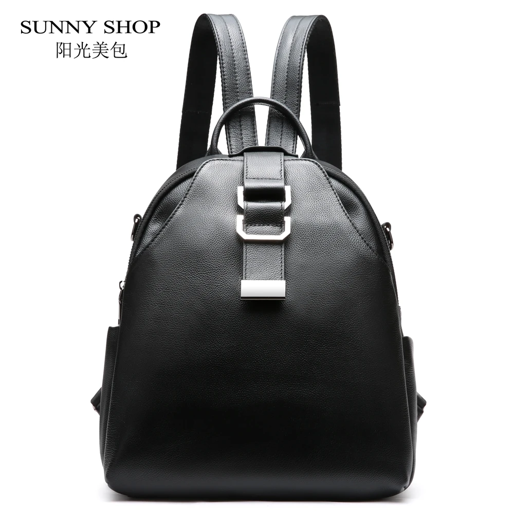 

SUNNY SHOP 100% Genuine Leather Backpack For Women Stylish Fashion Luxury Brand Designer Real Leather Bagpack Travel Business