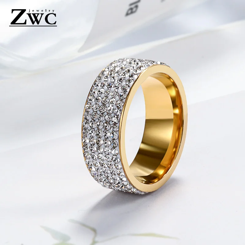ZWC модное кольцо из нержавеющей стали со стразами золотого и серебряного цвета для женщин и мужчин, свадебное кольцо 8 мм, 5 ряд кристаллов, винтажное обручальное кольцо, ювелирное изделие - Цвет основного камня: Glod