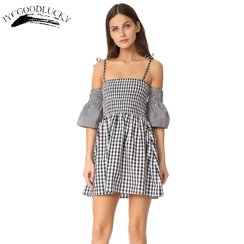 Fashion Plaid Casual Dress Vestidos Summer Spaghetti Strap Dresses Women Elegant Strapless Cute Dress For Women High Waist