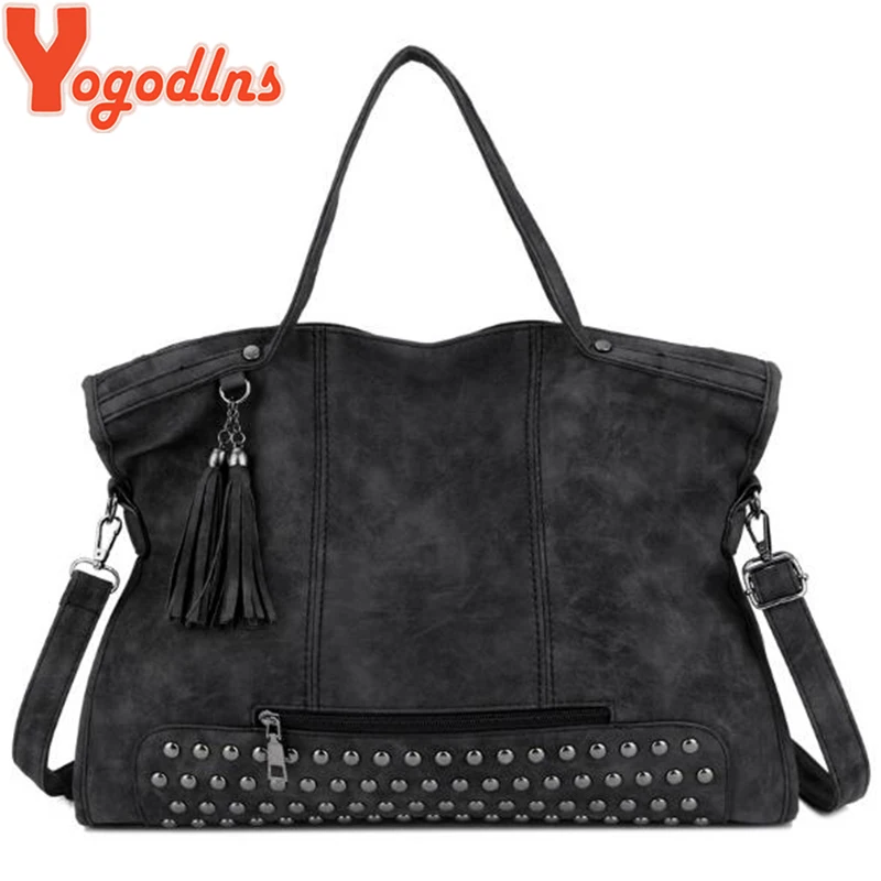 

Yogodlns Vintage Rivet Nubuck Leather Women Handbags Tassel Messenger Bags Tote Female Large Capacity Shoulder Bag Crossbody Bag