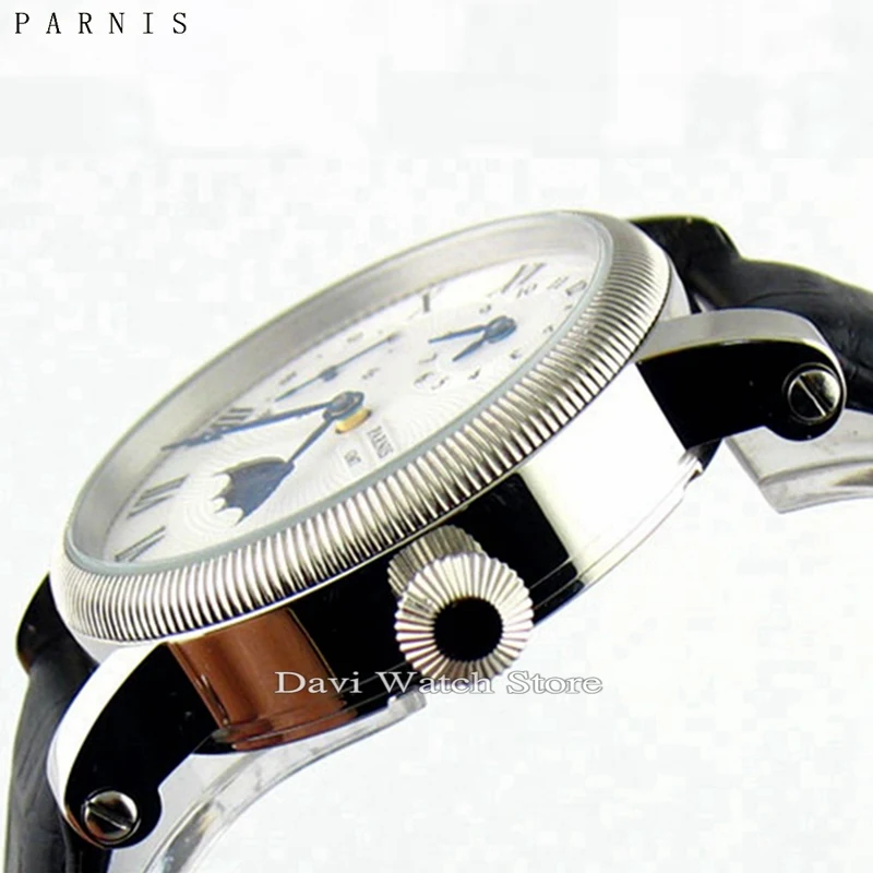 Parnis 43 мм Роскошный белый циферблат GMT Рука обмотки Мужские 6497 часы