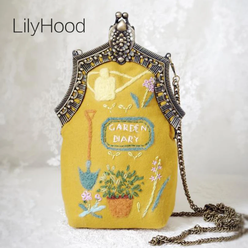 

LilyHood Handmade Wool Floral Embroidery Kiss Lock Shoulder Bag Victorian Frame Country Rustic Fabric Small Crossbody Bag Gift