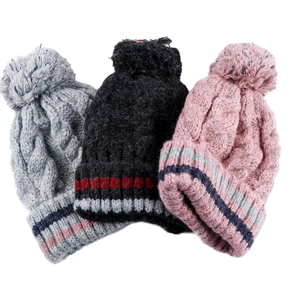 

1PC Womens Winter Knitted Hat Pompom Ball Cotton Thicken Windproof Cuffed Snow Ski Cap With Plush Collar Neck Scarf Striped Hat