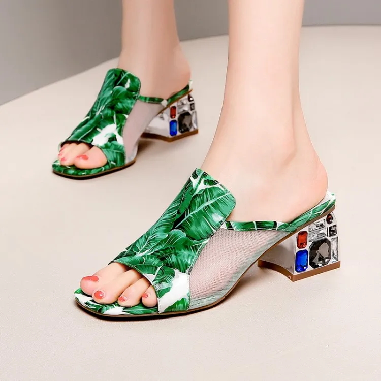 

2019 New Women Summer Slippers Fashion Sexy Square High Heels Peep Toe Slides woman Dress Wedding Party Shoes Woman Footwear
