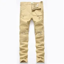 Для мужчин Street локомотив брюки цвета хаки стрейч Для мужчин джинсы Рваные Slim Fit Хип-хоп джинсовые брюки джинсы мото брюки дропшиппинг