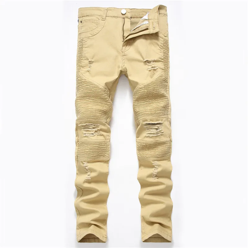 

Men Street Locomotive Khaki Pants Stretch Men Jeans Ripped Slim Fit Hip Hop Denim Trousers Jeans Motorcycle Pants Dropshipping