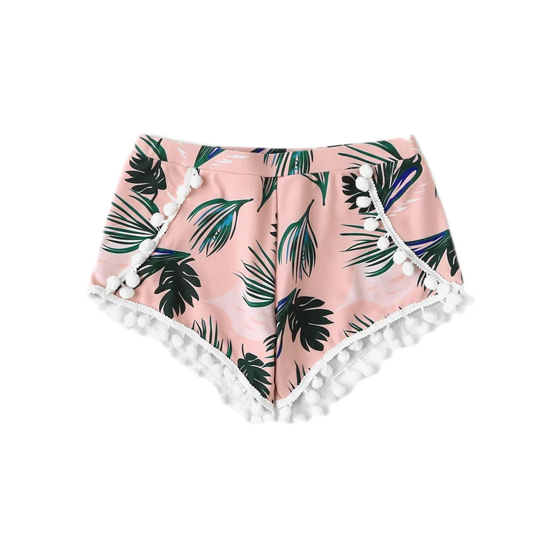 Romwe/спортивные пляжные шорты с тропическим принтом пальмы и помпонами для серфинга, женские летние шорты для отдыха и плавания