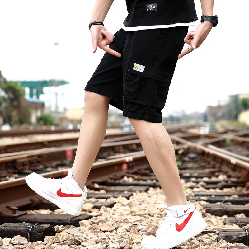 Летние однотонные мужские шорты с несколькими карманами стиль сафари мужские шорты с эластичной талией мужские шорты
