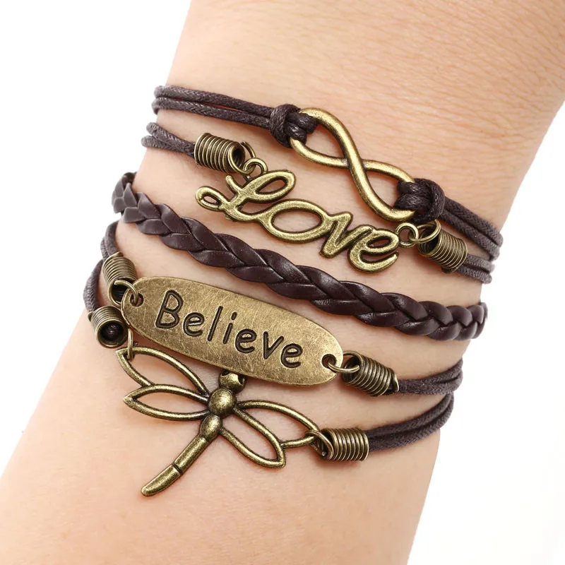 Love Dragonfly Multilayer Knit Leather Rope Chain Charm Bracelet DIY Gift