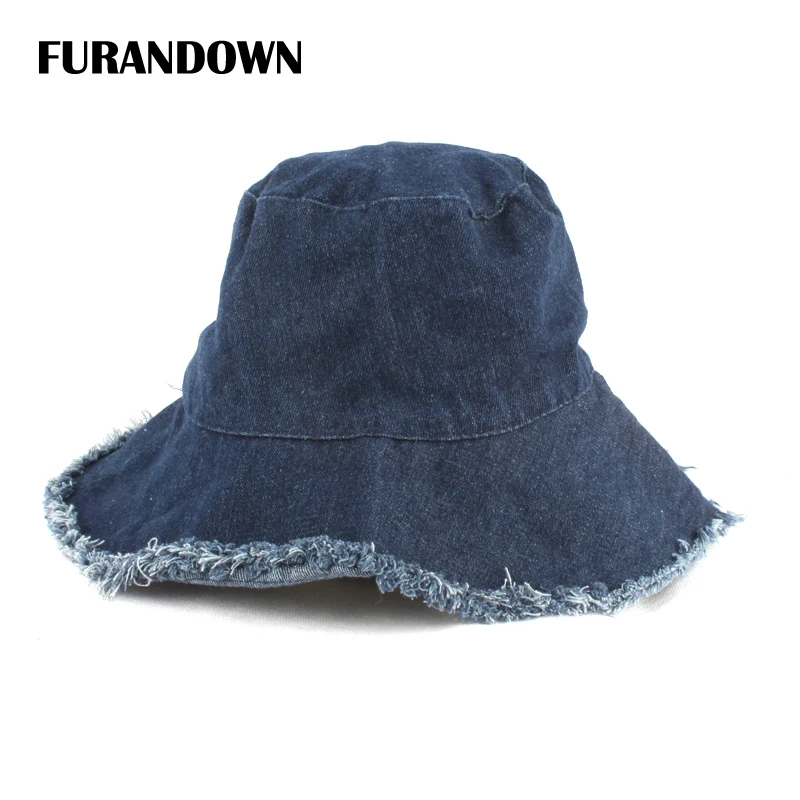 Summer Washed Denim Sun Hat Women Fashion Tassel Floppy Bucket Cap