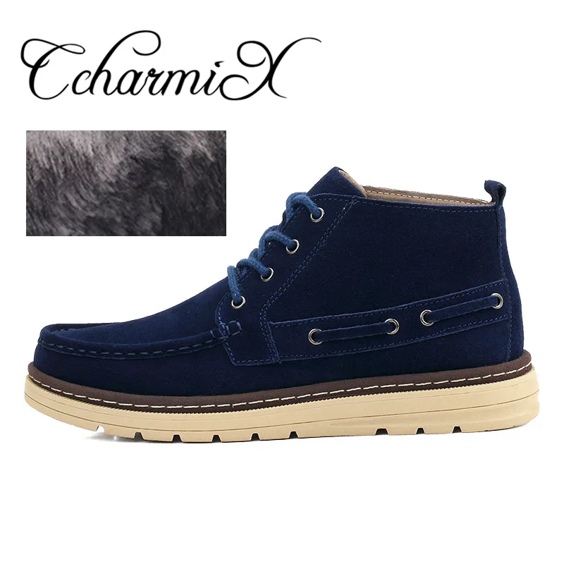CcharmiX/ботинки-Чукка Мужские рабочие и безопасные ботинки из коровьей замши мужские кожаные зимние ботинки модная теплая обувь с плюшем размеры 38-46 - Цвет: blue with fur