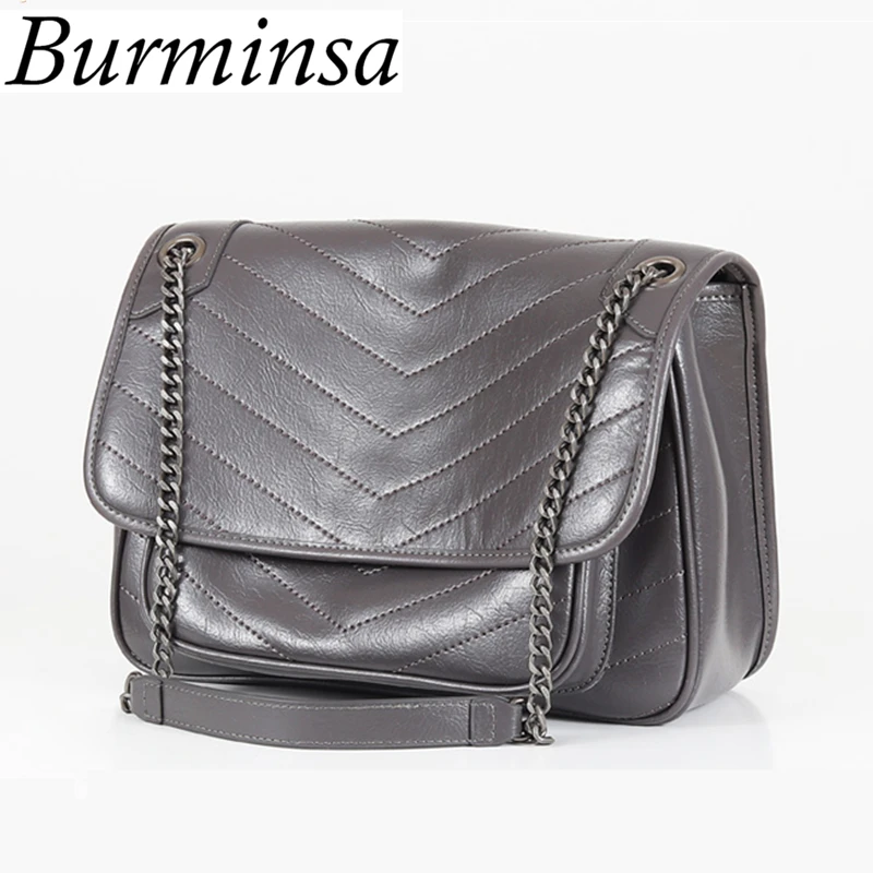 

Burminsa Quilted Ladies Genuine Leather Bags Female Chain Shoulder Messenger Bags Designer Black Crossbody Bags For Women 2019