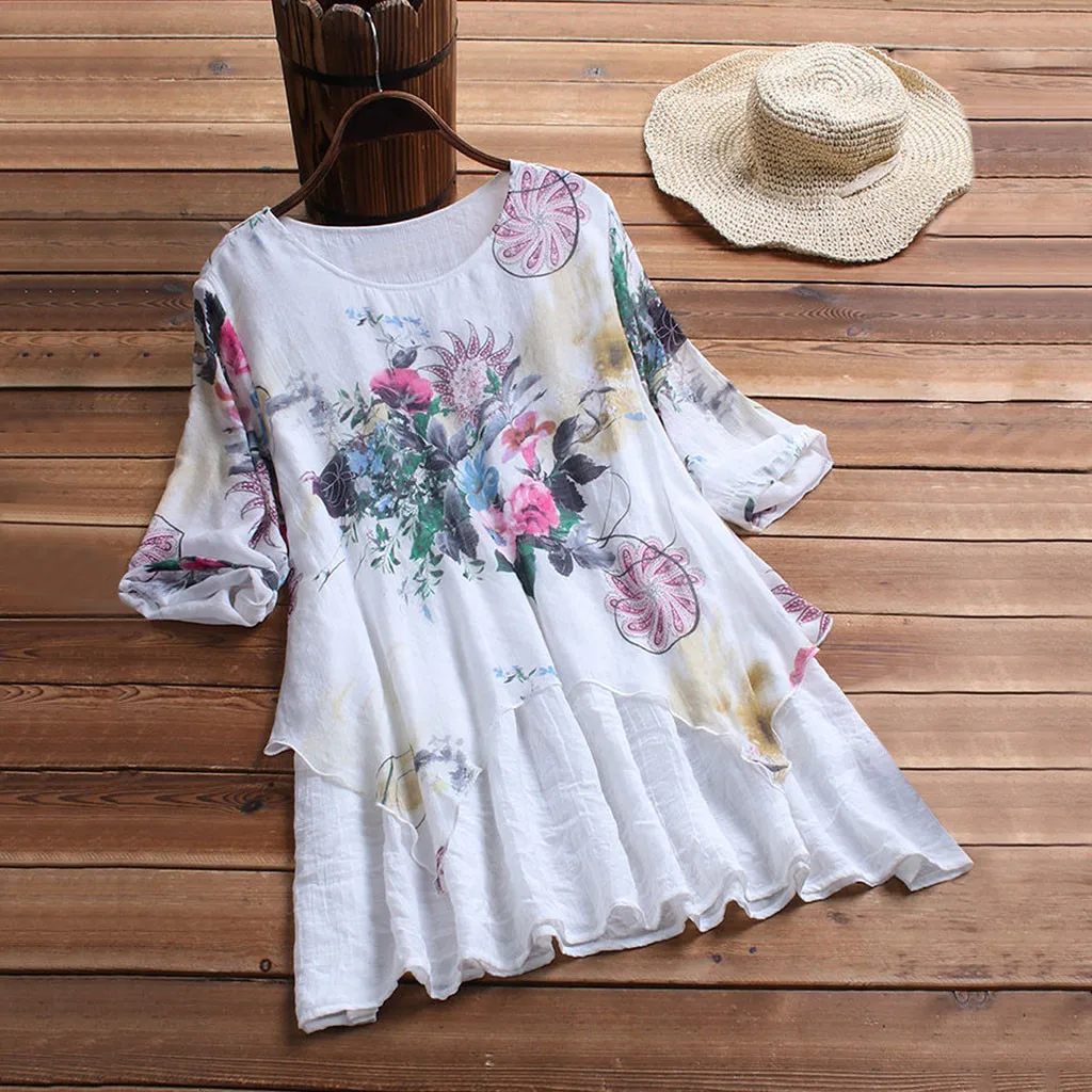 

Summer Top Womens Casual Printed Floral Color Casual O-neck Shirts Blouse Top Plus Size 5XL top femme #W