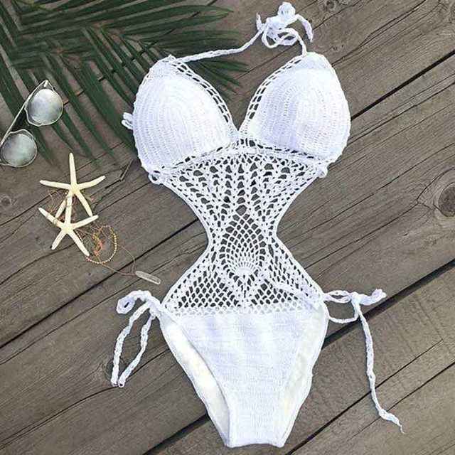 Hamburguesa maratón Montañas climáticas Vintage Handmade Bikini Sexy Trikini Women Swimwear High Neck Swimsuit  Crochet Bikinis Set Hollow Cut Out