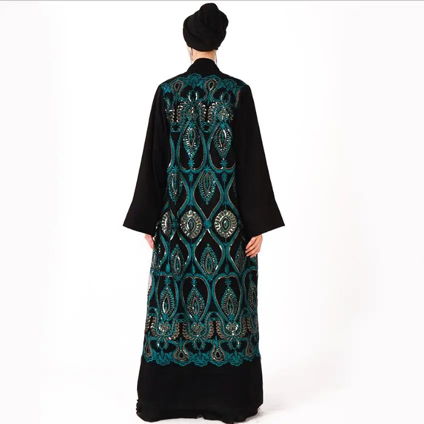 Рамадан 2019 Мусульманский Стиль; Ближний Восток Роскошные платья с шелковой блестки вышитые свободно открытые кожей Женская одежда Абаи