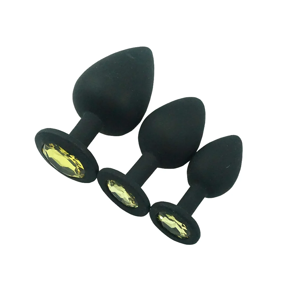Large Medium small size 3 in one set black silicone anal plug jewel butt plug insert gay sex