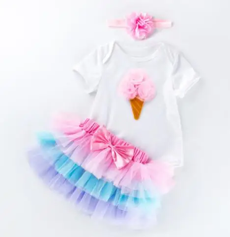Летняя одежда для маленьких девочек 0-2 лет, комплект с платьем для дня рождения, костюмы, комплекты одежды для младенцев, комбинезон, повязка на голову, пачка, Bebes - Цвет: as picture