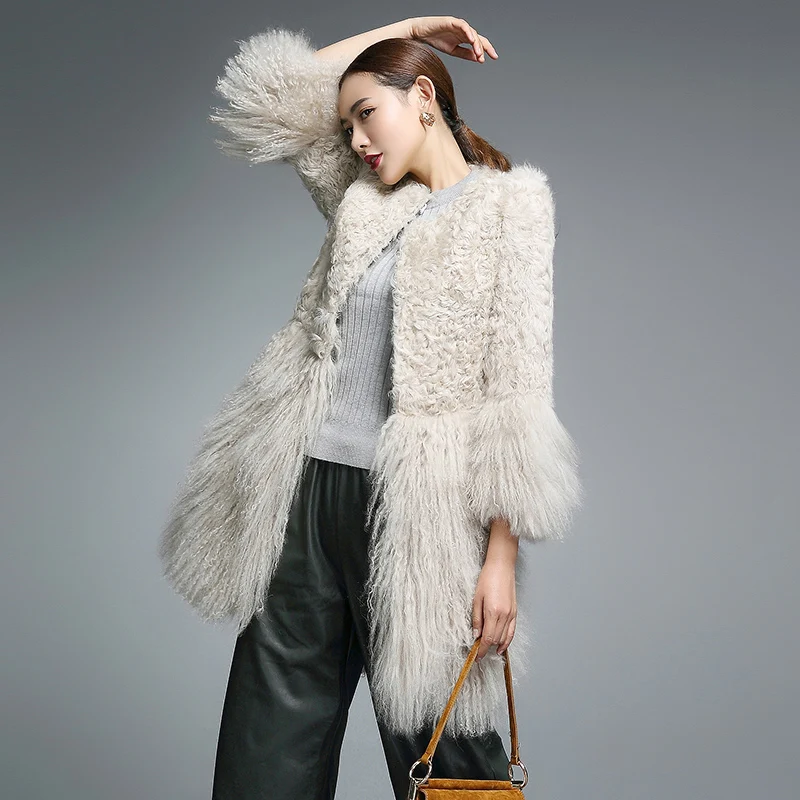 Real Fur Coat for Women Natural Lamb Fur with Mongolia Sheep Fur Coats rf0093B