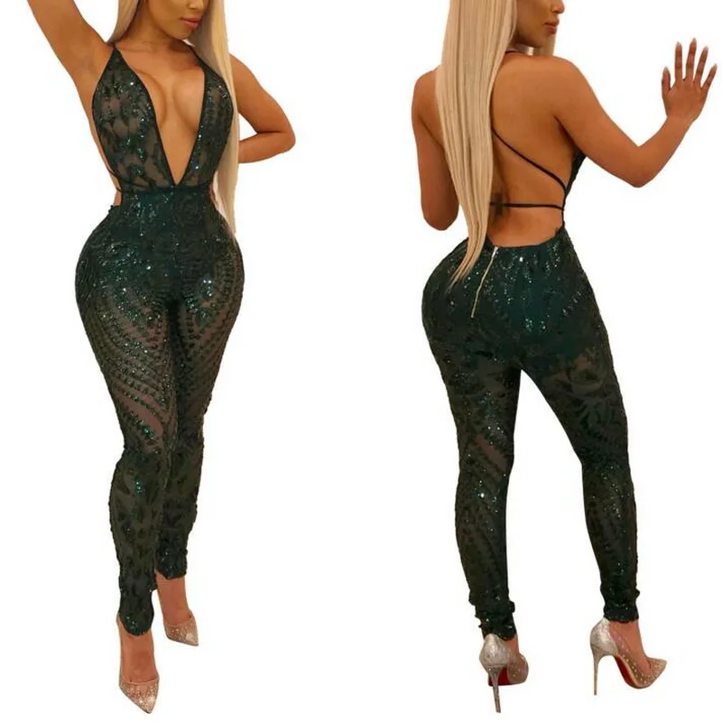 

Sexy Women Bodysuit 2018 Summer Sequins V-neck Backless Leotar Jumpsuit Romper Chain Woman Shine Party Playsuit Rompers Vestido