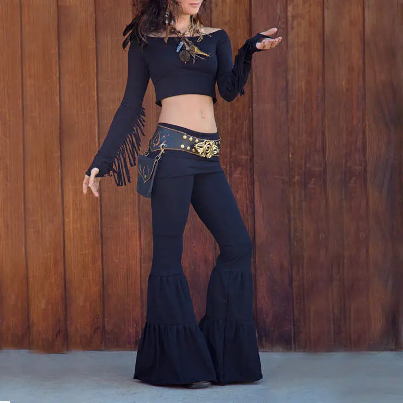 Модные Фирменная Новинка хиппи бохо Для женщин «вареный» Gypsy клеш, свободные, широкие в ноге, расклешенные брюки, леггинсы, штаны - Цвет: Черный