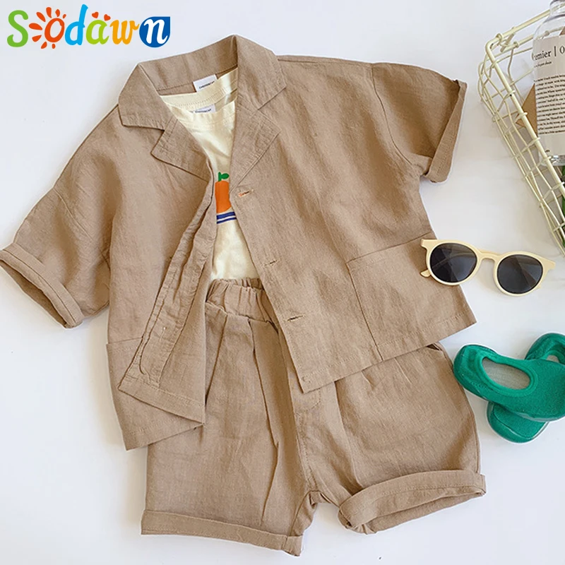 Sodawn/ г., летний комплект одежды для детей, одежда для мальчиков и девочек 2 предмета, льняные шорты+ штаны, комплект детской одежды для детей от 1 до 6 лет