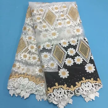 

2019 High Quality Stones African Lace Fabric White Gold French Net Embroidery Tulle Lace Fabric For Nigerian Wedding Party Dress