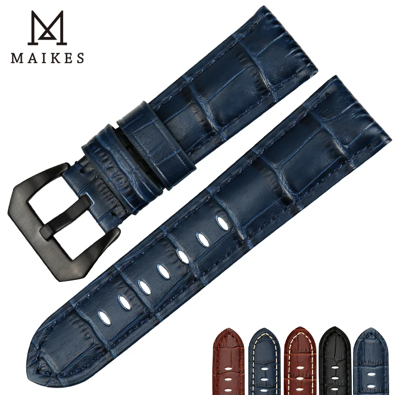 Maikes Pulseiras de Relógio de Boa Qualidade 22 24 26 mm Acessórios Pulseira de Relógio Couro Genuíno Pulseira Azul para Panerai