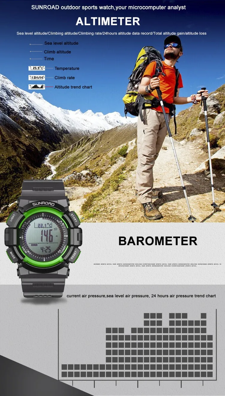 SUNROAD спортивные военные наручные часы для мужчин s альтиметр барометр компас термометр погода шагомер цифровые часы для мужчин Saat