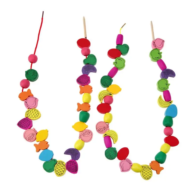 

60pcs/lot Baby Wooden Toys for Children Fruit Bead Stringing Puzzle Toys Wood Beads Threading Learning Educational Toy for Kids