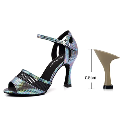 Ladingwu/Танцевальная обувь; женская обувь для латинских танцев; Каблук 9 см; обувь для сальсы на Кубинском каблуке; танцевальные сандалии; Цвет Серый, металлический; искусственная кожа; обесцвечивание и сетка; zapatos de mujer - Цвет: Black 7.5cm