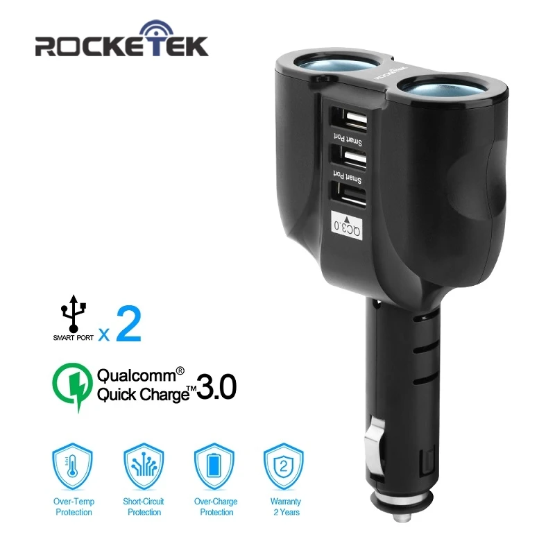 Продажа Автомобильное зарядное устройство Rocketek с несколькими font b usb b font портами 3,1 А, 3 font b usb b font , быстрая зарядка QC 3,0, разъем для прикуривателя, адаптер для телефон...