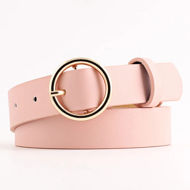 Fashion Casual Faux Leather Belts Round Gold Metal Buckle Ladies Jeans ...