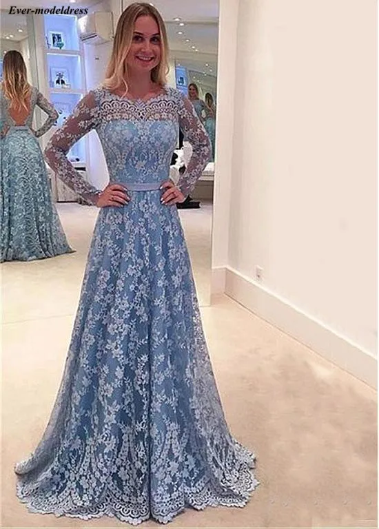 

Long Sleeves Evening Dresses 2019 Lace Appliques Scolloped Neck Open Back Floor Length Sexy Prom Party Gowns Robe de soiree