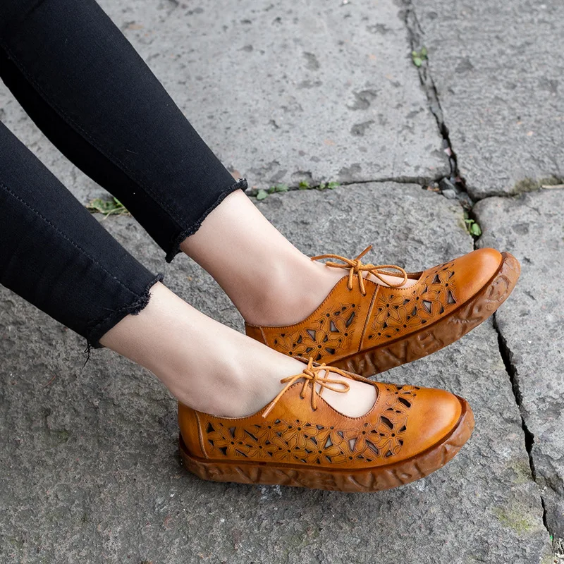 

Women Leather Flats Hollow Out 3 CM Low Heels Embroidery Spring Shoes 2019 Lace Up Handmade Genuine Leather Women Flats Brand