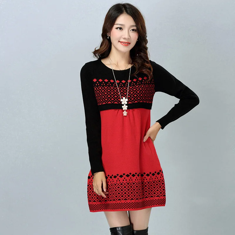 Women Sweater Dress Winter Warm Pullover Causal Slim Patchwork O neck Empire Full Sleeve Knitted Dresses