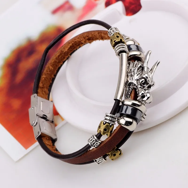 bracelet men Accessoires homme 2016 Tibetan silver men leather bracelet fashion male vintage parataxis dragon Multilayer jewelry 44