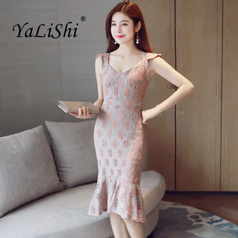 

2018 Summer Womens High Quality Dress Spaghetti Strap Sexy Party Midi Mermaid Dress Bandage Vintage Bodycon Vestidos Lace Dress