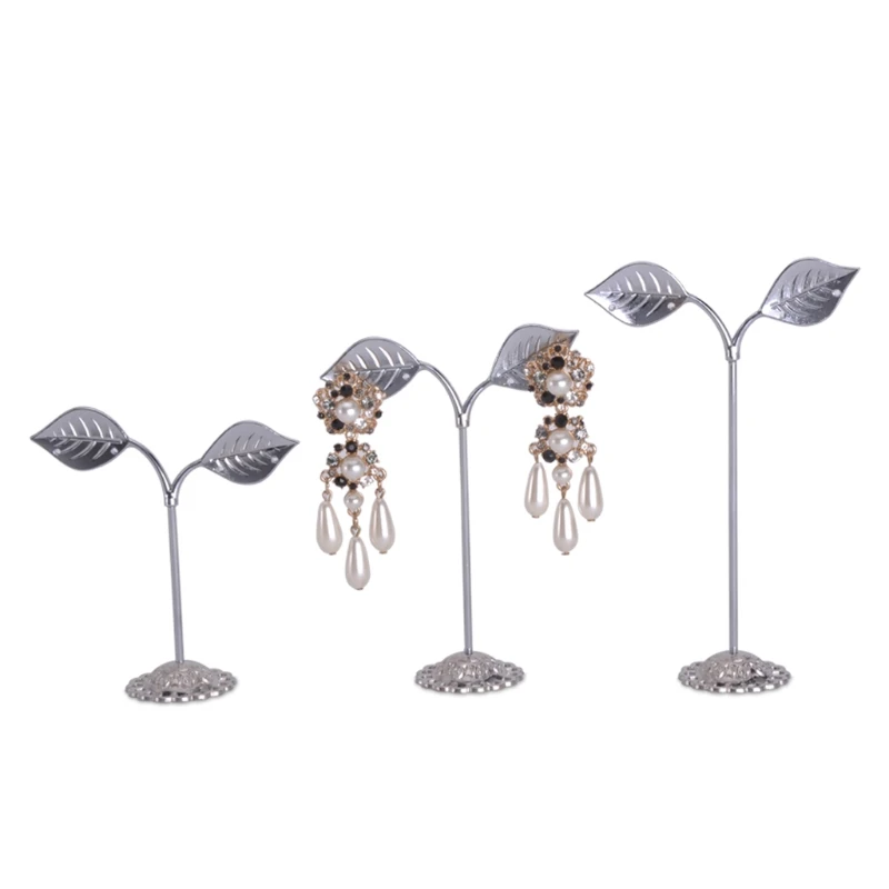 3 Pcs Alloy Earrings Display Leaf Shape Stand Showcase Jewelry Organizer Holder
