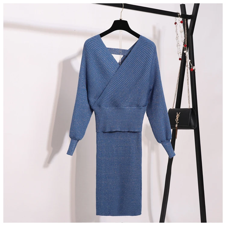 Женский вязаный комплект из 2 предметов SMTHMA, женский свитер с V-образной горловиной, вязаный синий джемпер с длинным рукавом и синяя юбка, осень-зима