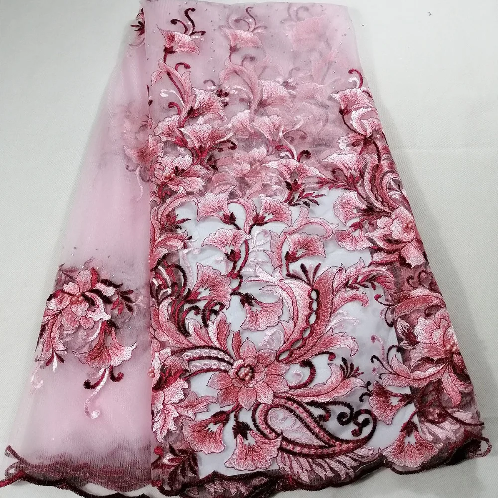 Розовая модная африканская кружевная ткань Высококачественная французская сетчатая кружевная ткань с бисером нигерийская швейцарская кружевная ткань для DressKHX22B