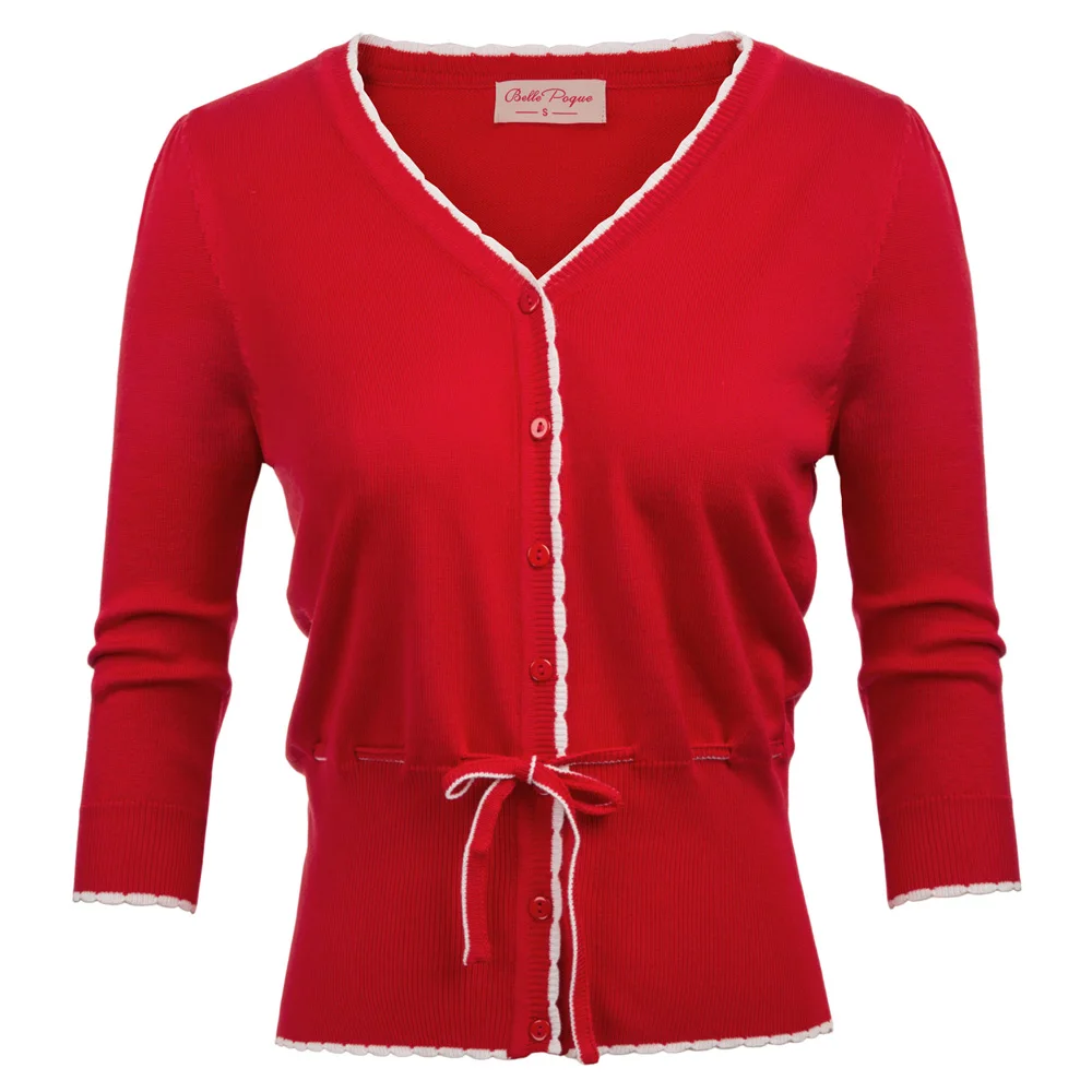 

Women Vintage elegant sweater spring fall 3/4 Sleeve V-Neck Tie Waist Cardigan Knitwear retro lady warm jacket top Knitted Coat