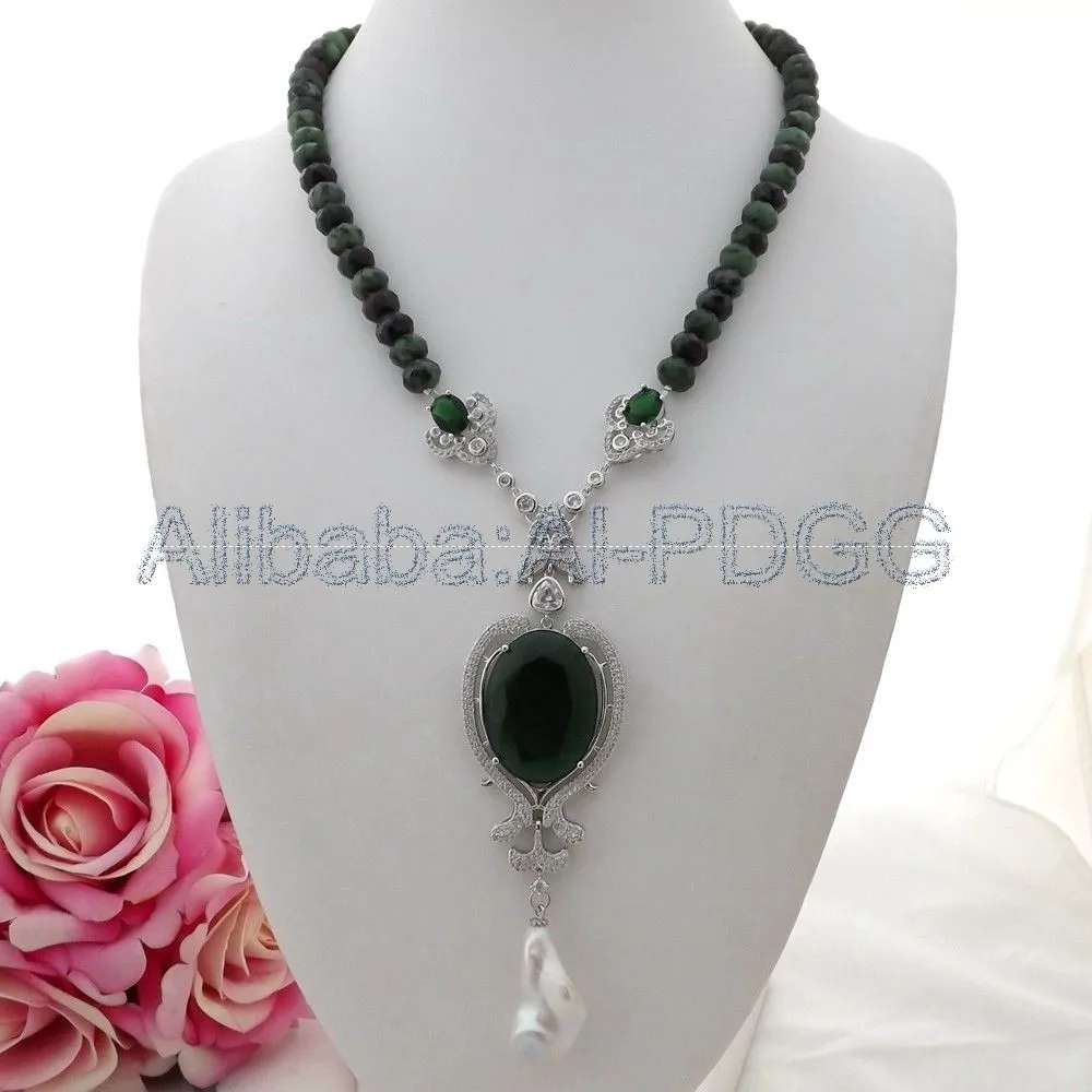 

20" Faceted Stone Zoisite Necklace White Keshi Pearl CZ Pendant