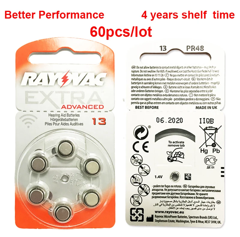 60pcs Rayovac Extra High Performance Hearing Aid Batteries. Zinc Air 13