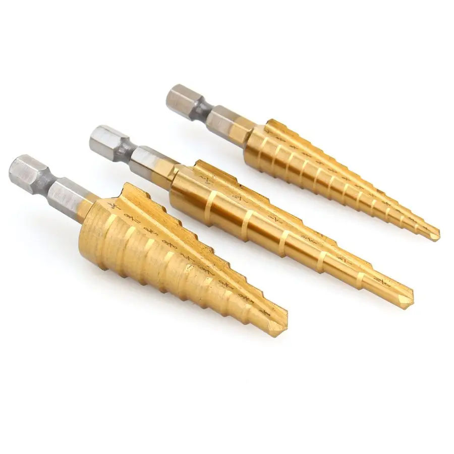 

3Pcs/lot HSS Steel Step Cone Titanium Coated 3/16-1/2' 1/4-3/4'' 1/8-1/2''  Metal Drill Bit 6,9,13 Steps