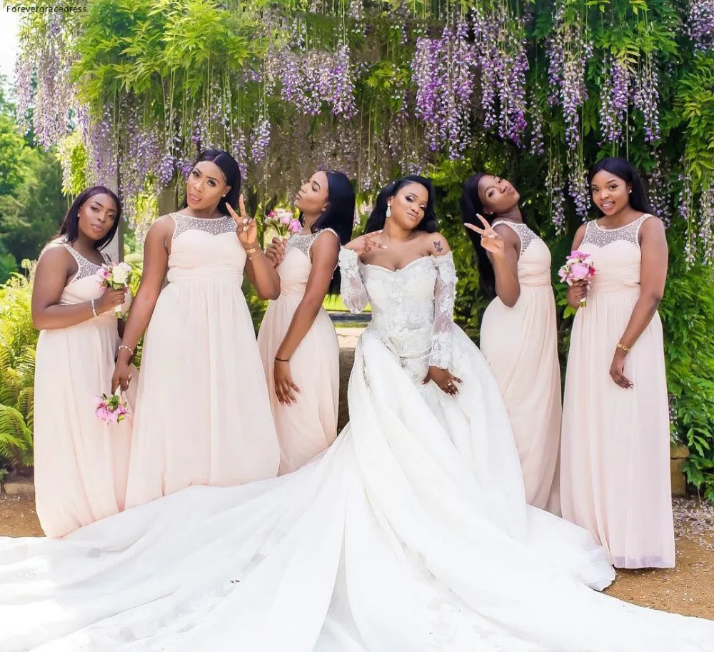 South African Pale Pink Bridesmaids Dresses Summer Boho Beach Garden Wedding Guest Party Dress Sheer Neck A Line Maid of Honor Gowns BM0378  96 (2)